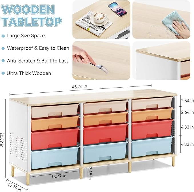 Storage Cabinet with 12 Drawers, Home Storage With Wooden Tabletop, Cube Storage Organizer for Living Room, Bedroom, Classroom, Office, Playroom, Craft Room, (Colorful)