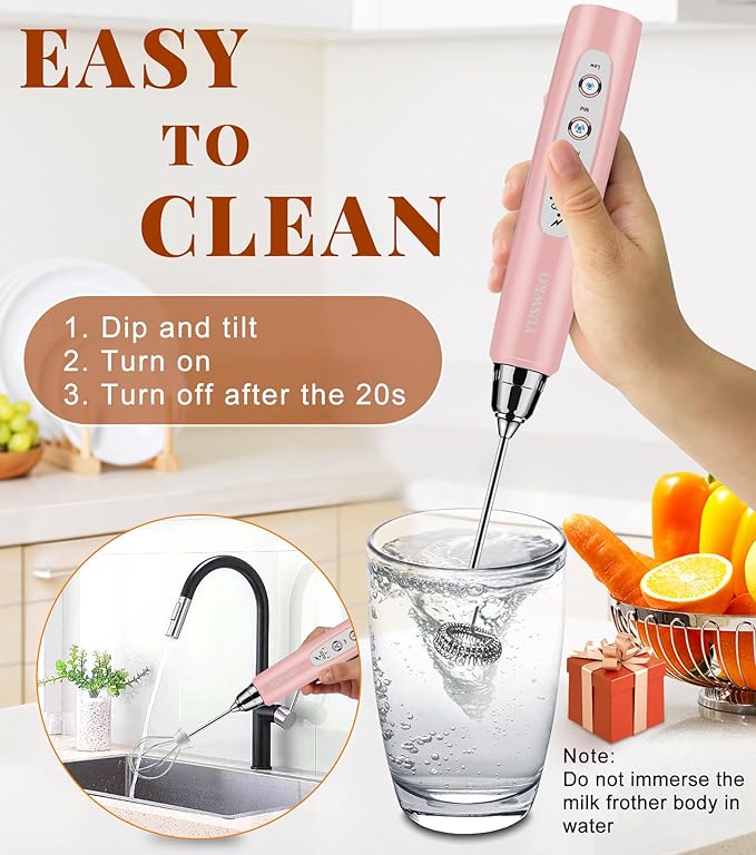 YUSWKO Milk Frother Handheld for Coffee with Stand, Rechargeable Drink Mixer with 3 Heads 3 Speeds Electric Coffee Frother Whisk, Gift for Many Occasions and Festival