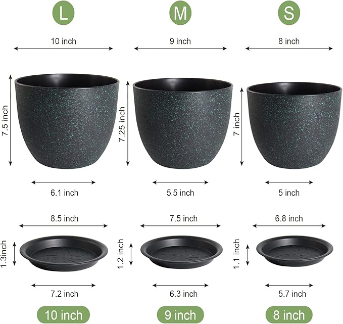 WOUSIWER Plant Pots 10/9/8 inch, Set of 3 Modern Decorative Plastic Planters with Drainage Holes and Saucers for House Plants Indoor Flowers Plants, Black with Green Speckles