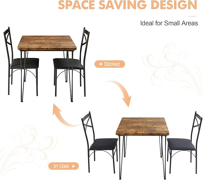 VECELO Kitchen Dining Room Table Set with 2 Chairs for Small Space, Apartment,Metal Steel Frame