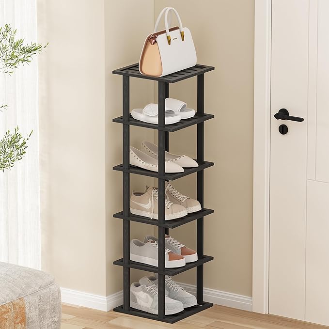 6-Tier Free Standing Shoe Racks, Bamboo Wood Shoe Rack for Entryway & Closet, Beautiful | Natural | Functional | Sturdy Shoe Rack Small Shoe Shelf for Small Spaces and Narrow Spaces Black