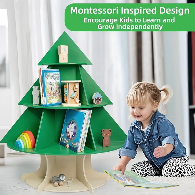 WOOD CITY Kids Bookshelf and Toy Storage Organizer, 2 in 1 Solid Wooden Children Tree Bookcase and Toy Shelf Toddler Storage Display Bookshelf for Kids Room Playroom Bedroom Study Easy Assembly