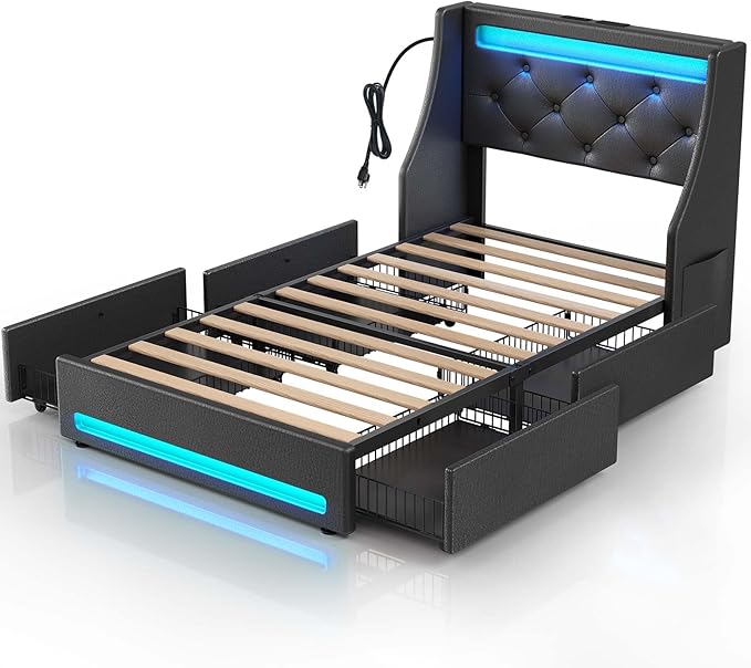 Rolanstar Twin Bed Frame with LED Lights and Charging Station, PU Leather Bed with Drawers, Wooden Slats, Noise Free, Easy Assembly, Black