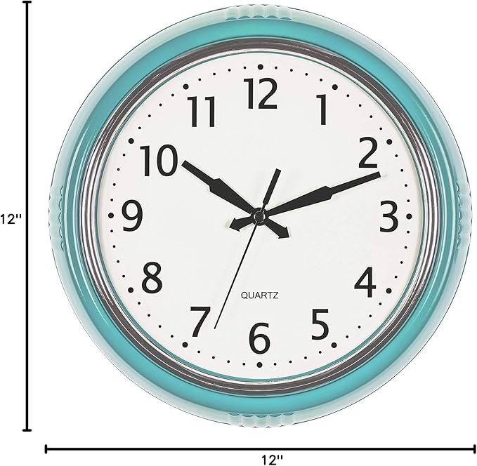 Bernhard Products Retro Wall Clock 12 Inch Blue Kitchen 50's Vintage Design Round Silent Non Ticking Battery Operated Quality Quartz Clock (Robin Egg Blue)
