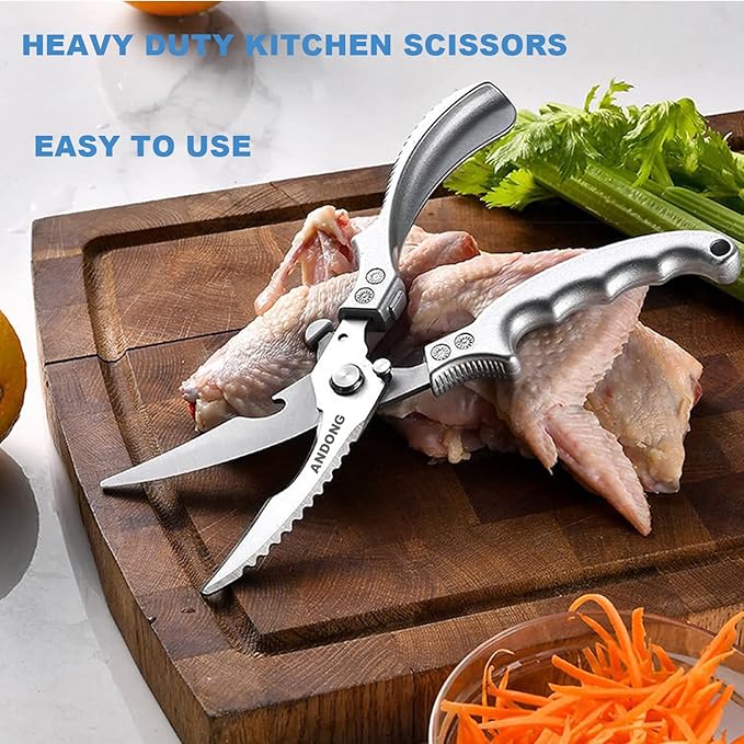 ANDONG Heavy Duty Professional Poultry Shears -Stainless Steel Kitchen & Meat Scissors with Leather Sheath, Dishwasher Safe Spring Loaded Utility Shears for Cooking, Butchering, Cutting
