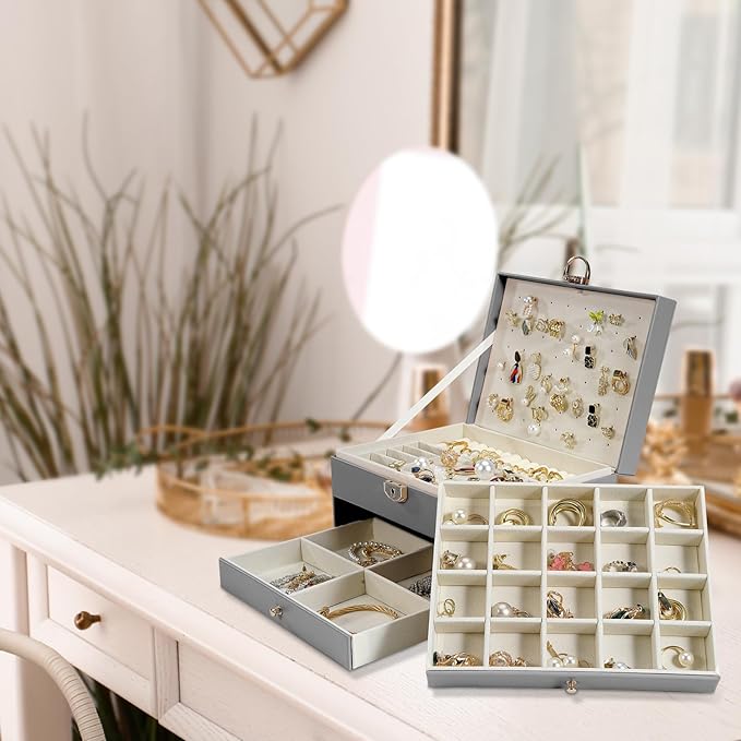 3-Layer Jewelry Box for Women, Earing Holder Jewelry Organizers and Storage with Removable Jewelry Tray, Vintage Quilted Top Lockable Jewelry Holder Gift Idea Gray