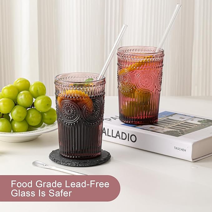 Vintage Glassware Drinking Glasses Set of 6,13 oz Purple Textured Flower Design Glass Water Tumblers,Embossed Striped Drinkware for Water,Cocktails,Juice,Iced Coffee