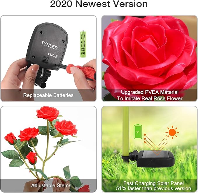 TYNLED Outdoor Solar Garden Stake Lights,Upgraded LED Solar Powered Light with 6 Rose Flowers, Waterproof Solar Decorative Lights for Patio Pathway Courtyard Garden Lawn