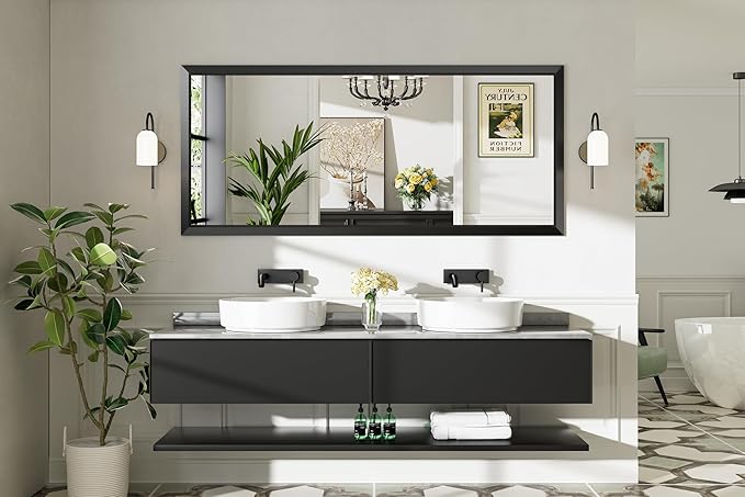 72x32 Inch Black Bathroom Mirror for Wall, Thick Metal Framed Rectangle Mirrors for Over Sink, Bedroom, Living Room, Entryway, Anti-Rust, HD Tempered Glass