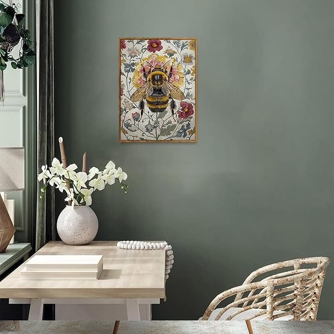 Djmwtb Framed Vintage Wall Art,Bee Wall Decor,Botanical Flower Wall Art,Nature Paintings Canvas Artwork Prints for Bedroom, Living Room 16x24in