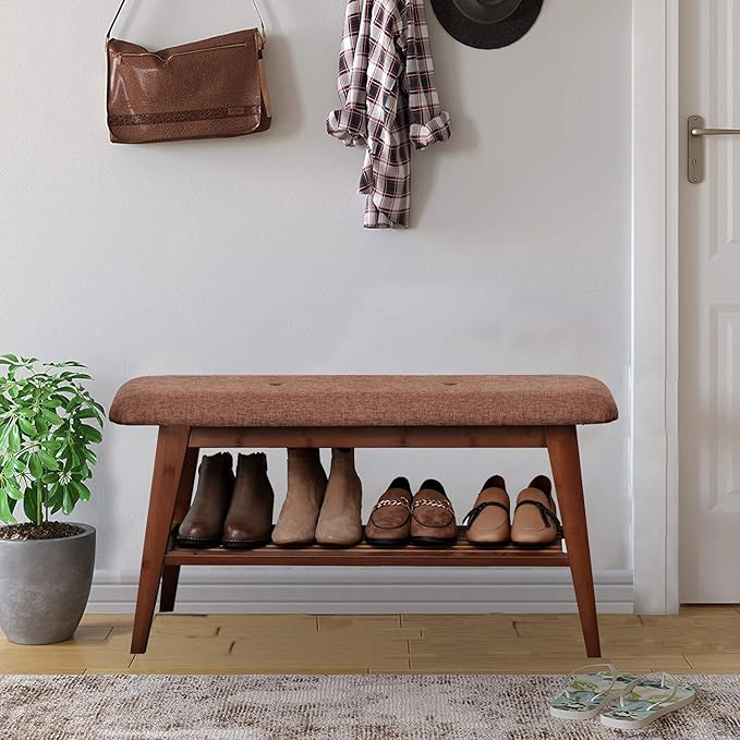 Shoe Entryway Bench, Bamboo Shoe Rack Bench, Organizer with 2 Tier Storage Simple Style Good Load Bearing, Ideal for Entryway Hallway Living Room,(Brown,35.4'')