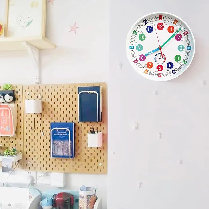 Wall Clocks,10Inch Learning Time Clock, Colorful Clock Face Silent Clocks with Simple Thermometer,Clear Digital Wall Clock (White)