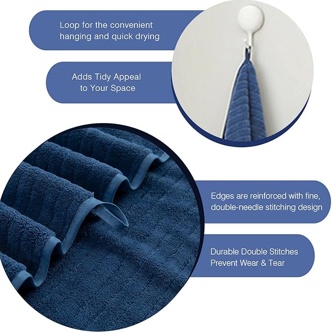 18 Piece Family Bath Towel Set Include 6 Bath Towels,6 Hand Towels and 6 Washcloths Soft Bathroom Towel with Hanging Loops,Highly Absorbent Quick Dry Towels Set for Bathroom,Hotel and Spa-Navy