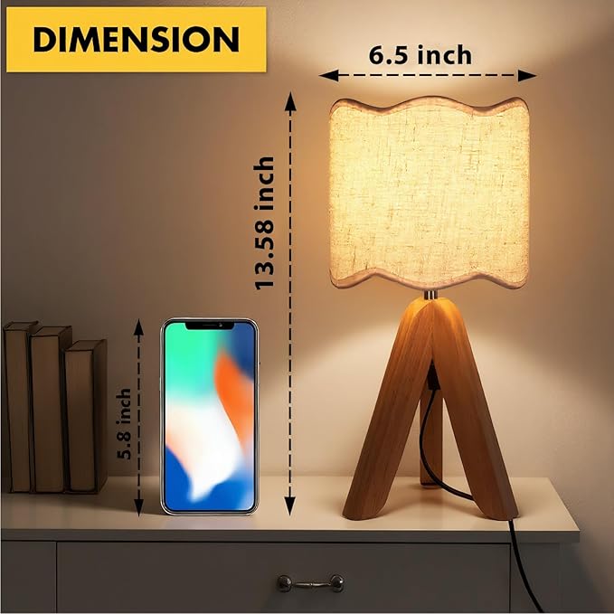 Hamilyeah Tripod Table Lamp with Wood Base, Bedside Lamp with Scalloped Fabric Linen Shade and On/Off Switch, Morden Nightstand Desk Lamp for Bedroom, Living Room, Kids Room, Office Dorm
