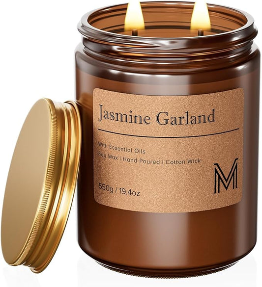 M&SENSE Jasmine Garland Home Scented Candle | 19.4oz, 115-Hour Burn | Natural Organic Soy Wax | Long-Lasting for Stress Relief and Gifting | for Bedroom,Relaxing SPA,Office