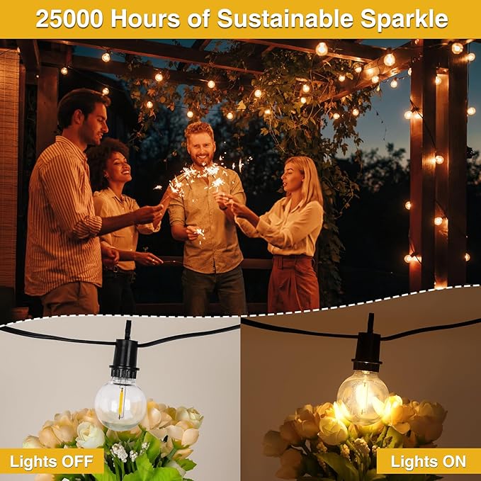 ZJOJO 35FT Solar String Lights Outdoor Waterproof, G40 Globe Patio Lights Solar Powered Outdoor String Lights with 15 2700K Shatterproof Bulbs Hanging Lights for Porch Garden Backyard Pergola Bistro