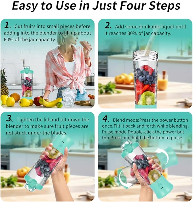 Mint Blue Personal Blender with 6 Blades, 20 Oz Travel Cup and Lid, USB Rechargeable for Shakes, Smoothies, Gym and Kitchen