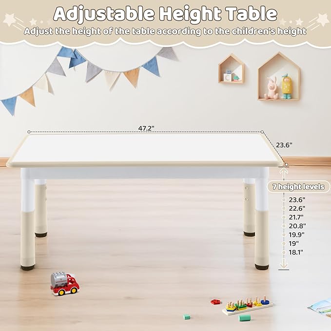 Toddler Table, 7 Level Height Adjustable Kids Play Furniture for Ages 3-8, Rectangular Plastic, 23.6" W x47.2 L, Multi-Activity Desk with Graffiti Desktop for Home & Daycare