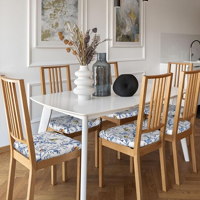 Seat Covers for Dining Room Chairsset of Set of 6, Floral Navy Blue Bird White Spring Flower Stretch Chair Seat Covers Cushion Slipcovers for Kitchen Office