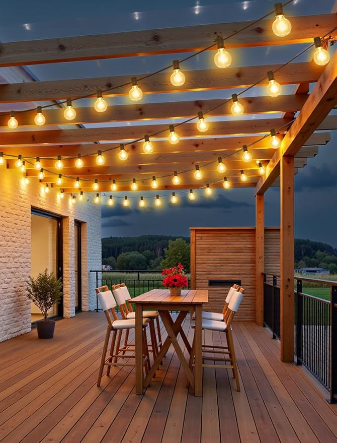 100FT(4x25FT) Solar String Lights Outdoor with Remote, Waterproof Dimmable 3 Modes Patio Light with 40+3 LED G40 Bulbs for Camping Porch-Black