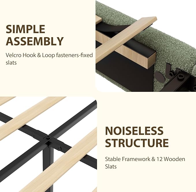 King Bed Frame, Teddy Velvet Boucle Bed Frame with 43.3"/45.3" Adjustable Upholstered Headboard, Rounded Corners, Mattress Foundation, No Box Spring Required, Green