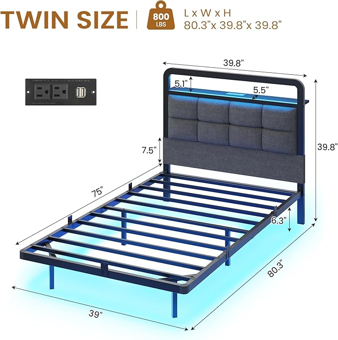 Hasuit Twin Floating Bed Frame with Charging Station and LED Lights, Twin Size Bed Frame with Wood Storage Headboard, Grey Upholstered Platform Bed, No Box Spring Needed, Noise Free