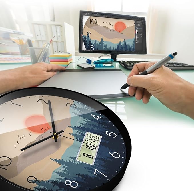 Silent Wall Clock with Day Week Temperature Wilderness with Sunset Non-ticking Battery Operated Large Digital Modern Clocks Display with Calendar and Date for Kitchen Farmhouse Bathroom Office 14 Inch