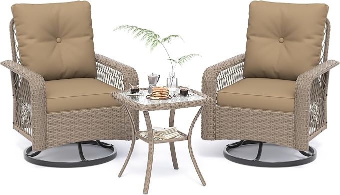 UDPATIO Patio Furniture Set 360 Swivel Chair 3 Piece Patio Set Wicker Outdoor Chair with Coffee Table for Yard, Bistro, Balcony