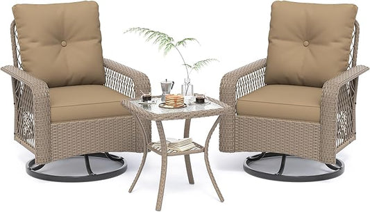 UDPATIO Patio Furniture Set 360 Swivel Chair 3 Piece Patio Set Wicker Outdoor Chair with Coffee Table for Yard, Bistro, Balcony