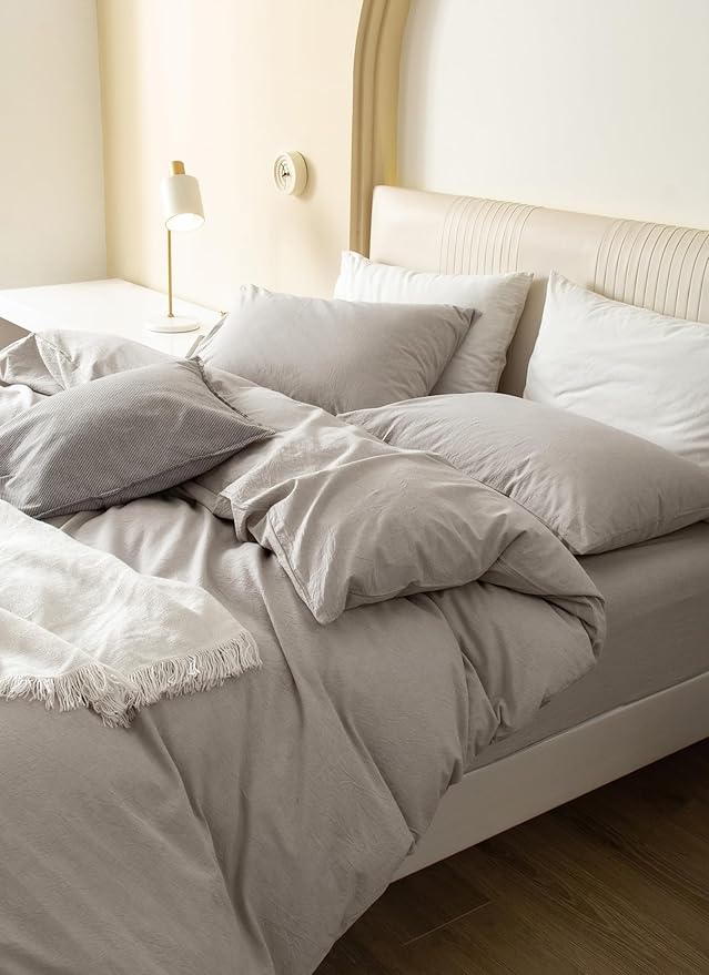 JIYUAN 100% Washed Cotton Duvet Cover Set 3 Pieces Super King, 1 Duvet Cover 108x98 Inches(Comforter Not Included) and 2 Pillowcases,Linen Feel Bedding Set Comfy and Breathable, Heathered Cream Grey