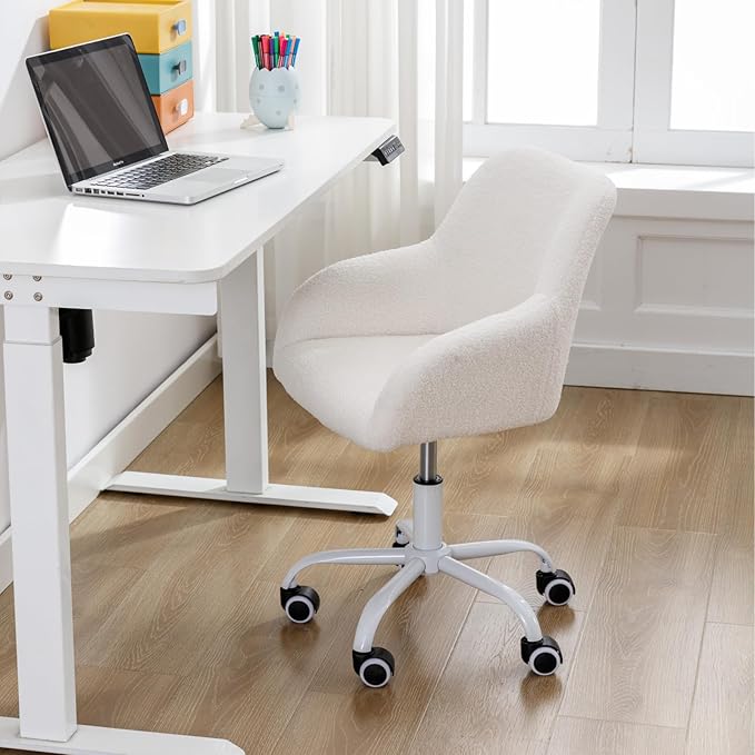 LukeAlon Kids Adjustable Desk Chair, Sherpa Study Chair with Swivel Base Upholstered Cute Reading Chair Comfy with Arms for Girls Children, White