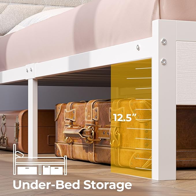 Seventable Bed Frame King Size with Charging Station, LED Bed with Upholstered Storage Headboard, Metal Platform Bed with Under Bed Storage, No Box Spring Needed, Noise Free, Easy Assembly, White