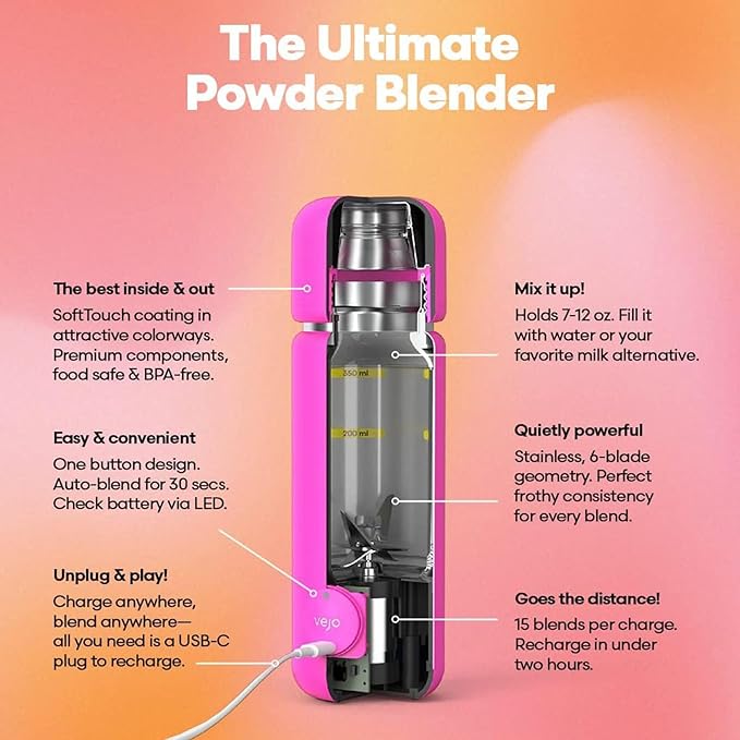 Vejo Personal Blender Powder-Powered Blending System | No Shaking | No Clumps | No Prep | Easy One-Button Design | USB Rechargeable Blender | Yellow
