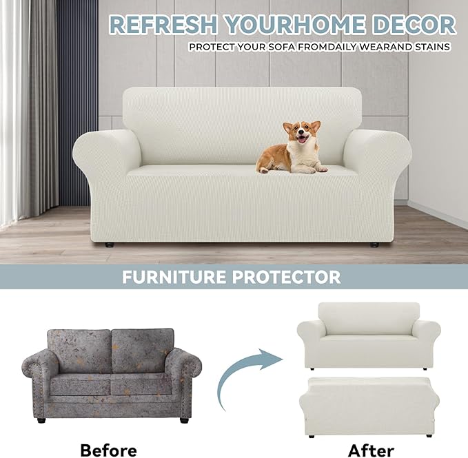 LURKA Stretch Loveseat Sofa Slipcovers 1 Piece Couch Covers for Sofa Furniture Protector Full Sofa Covers with Elastic Bottom for Kids and Dog (Medium, Ivory)