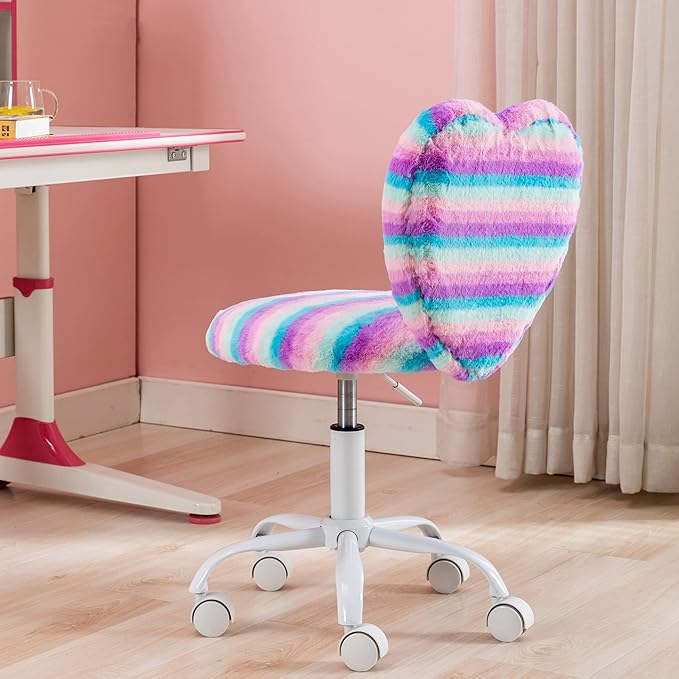 Small Desk Chair Swivel Kids Office Chair Fuzzy Student Computer Task Chair Faux Fur Vanity Chair Cute Heart Chair for Girls Boys Bedroom, Rainbow