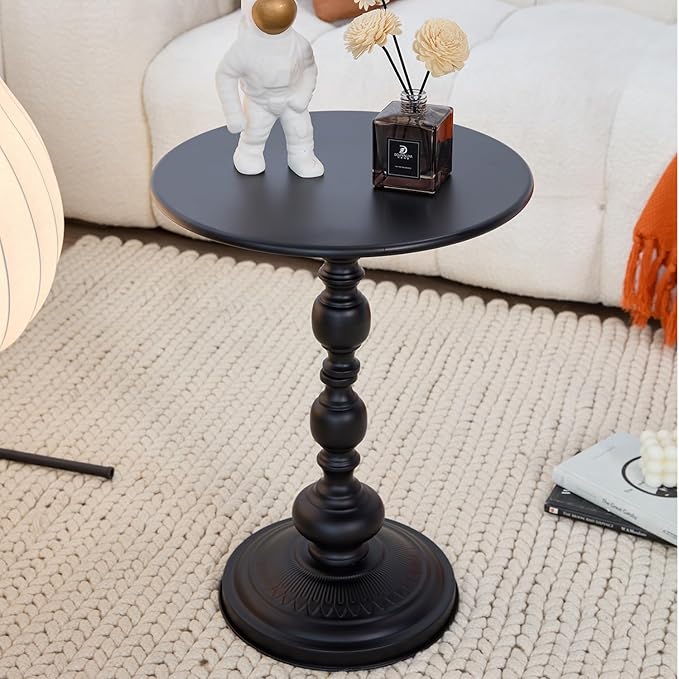 Elegant Vintage Round Side Table with Roman Columns - Sturdy Metal Design, Perfect as a Coffee, End, Tea, or Leisure Table for Living Room and Bedroom Decor ,21 (H) *11.8 (W) (Black Small -1 piece)