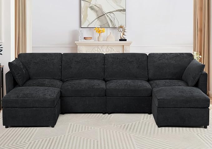 110” Chenille 4 Seats Sofa W/2 Movable Ottoman, Modern Fabric U Shaped Couch w/Soft Backrest, Upholstered Sectional Sofa w/Armrest Pillows for Living Room, Office, Black