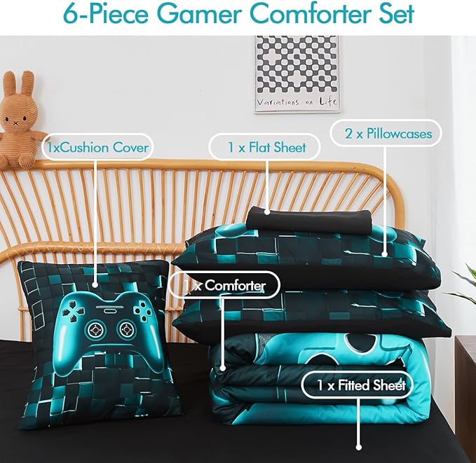 PERFEMET 6-Piece Boys Gamer Comforter Set Full Size Teal Blue Video Game Controller Bedding Comforter Set with Sheets Lightweight 3D Black Gaming Pattern Bed in a Bag for Kids Teen(Teal, Full)