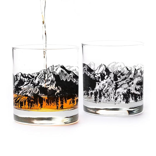 Whiskey Glasses with Hand-Printed Mountain Range - Set of 2 Rock Glasses with Dishwasher-Safe Print - 11oz. Rock Glasses