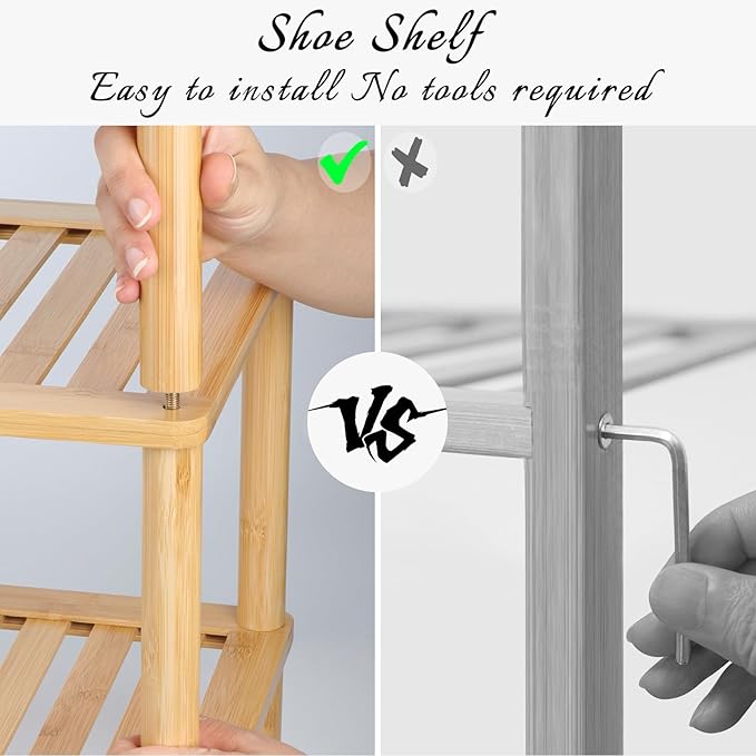 3-Tier Shoe Rack,Shoes Organizer,for Front Door Entrance, Free Standing Shelf Entryway and Closet Hallway, Small Space Stackable Bamboo Multifunctional Racks