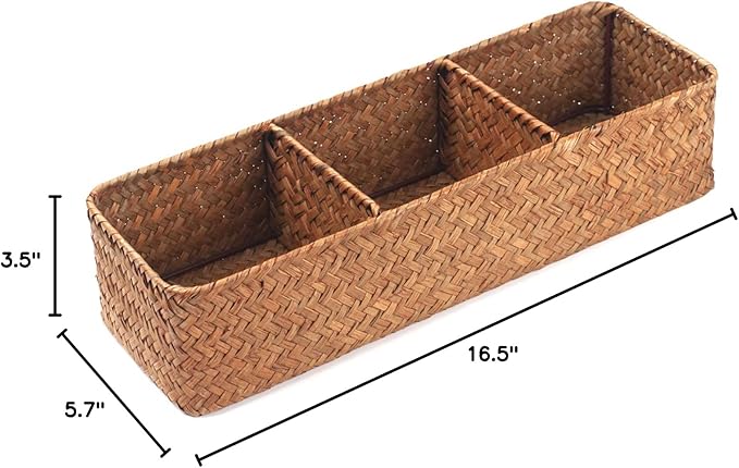 DOKOT Seagrass Toilet Tank Basket with 3 Section, Bathroom Toilet Paper Storage Baskets for Organizing (Natural)