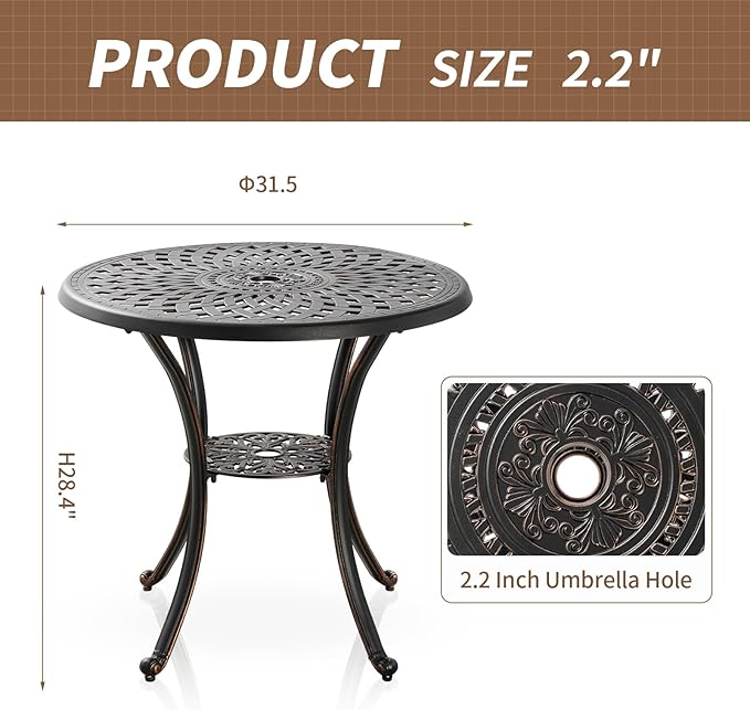 Cast Aluminum Patio Dining Set, Outdoor Bistro Set, 31.5" Round Outdoor Dining Table with Umbrella Hole, 2 Bistro Chairs for Yard Porch Garden Balcony