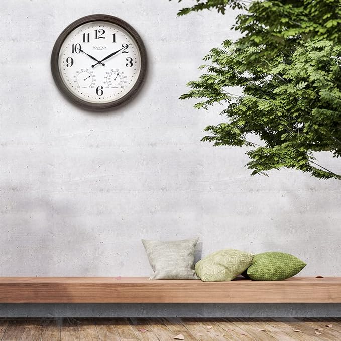 18 Inch Large Outdoor Clocks for Patio Large Waterproof with Thermometer,Outdoor Clock Thermometer Combo,Weatherproof for Patio,Pool and Garden Decor,Grey Oak