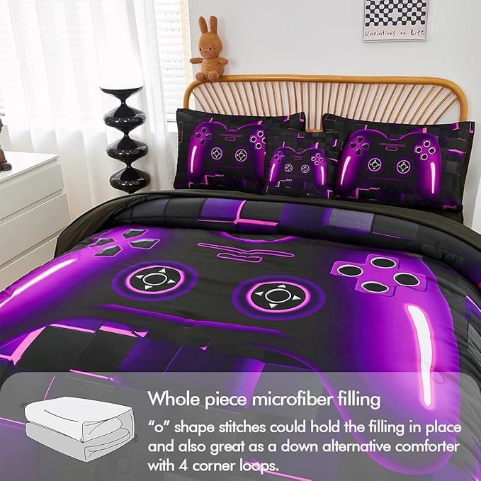 PERFEMET 6 Pieces Gamer Comforter Sets Twin Size Purple Game Console Boys Bed in A Bag 3D Cool Black Gaming Bedding Set for Kids Teen Lightweight Gamepad Bedroom Set(Purple, Twin)