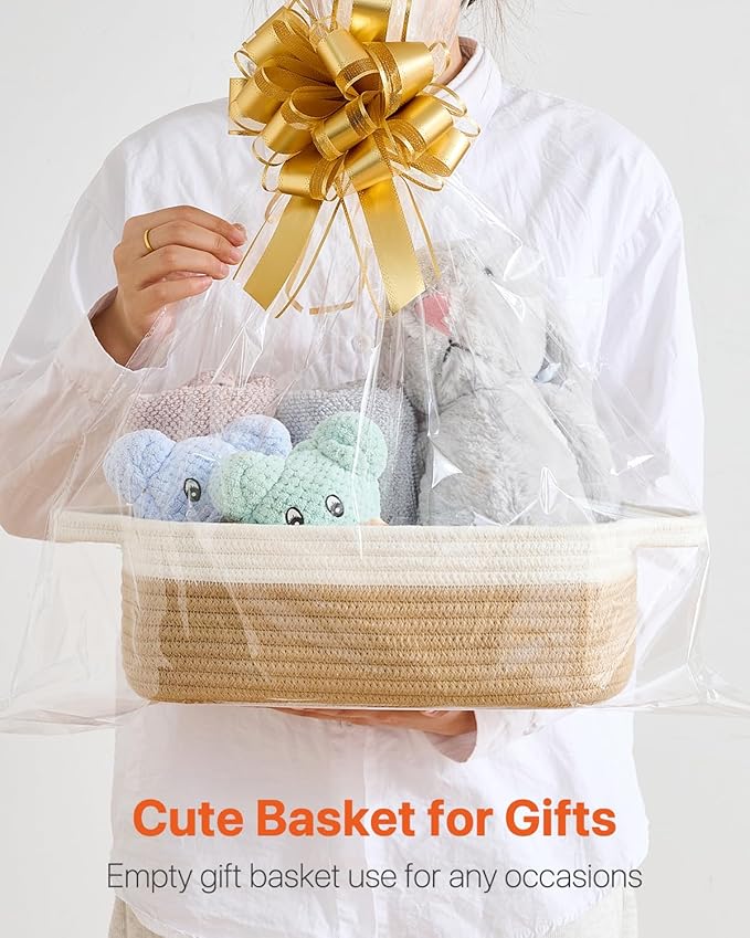 KALLAX Small Woven Basket, 12 x 8 x 4.5 Inches, Small Storage Baskets for Organizing, Gift Baskets Empty, Cute Rope Shelf Closet Storage Bins for Shelves, Dog Toy Basket, White & Brown