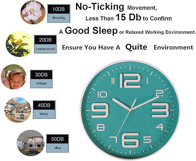 Zaoniy Non-Ticking Silent Quartz Wall Clock with Big 3D Number Modern Design Quiet Sweep Movement Indoor Decorative for Living Room Kitchen Wall Clocks Battery Operated 10-Inch (Bluegreen)