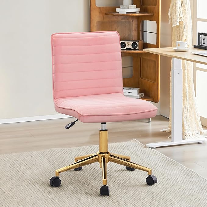 Furnimart Pink Swivel Armless Desk Chair with Wheels, Small Velvet Upholstered Home Office Desk Chair Mid-Back Adjustable Chair for Teen Girl Vanity Desk Bedroom Dorm Living Room (Velvet-Pink)