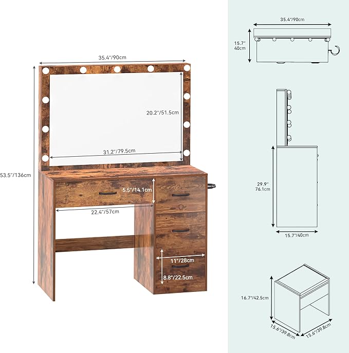 YITAHOME Vanity Desk with Mirror and Lights, Makeup Vanity Set for Dressing Room, Makeup Table with Power Outlets & Cushioned Stool, 11 LED Bulbs