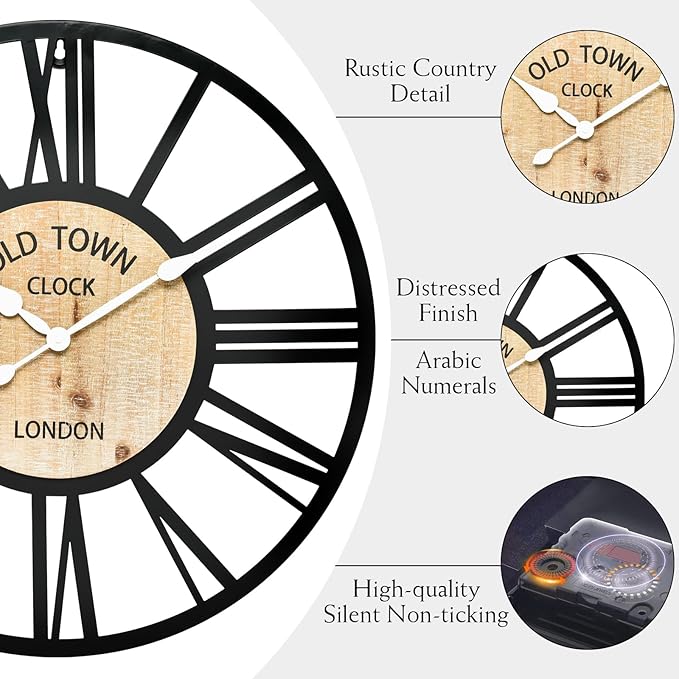 Large Old Town Wall Clock - Decorative Antique 24-inch Silent Non Ticking Clock for Farmhouse, Dining Room, Bedroom, Kitchen - Black Metal and Wood Clocks