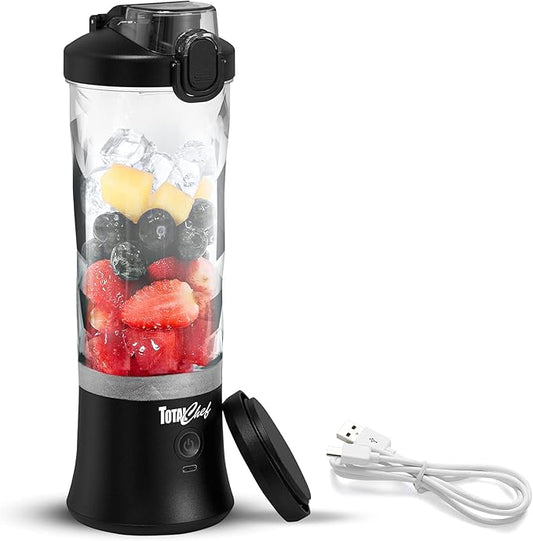 Total Chef Portable Blender - USB Rechargeable Personal Smoothie Mixer, Protein Shake Maker, Cordless Travel Mini Licuadora, Blend Frozen Fruit, Drink Milkshake On The Go,Ice Crusher 20 OZ, Black